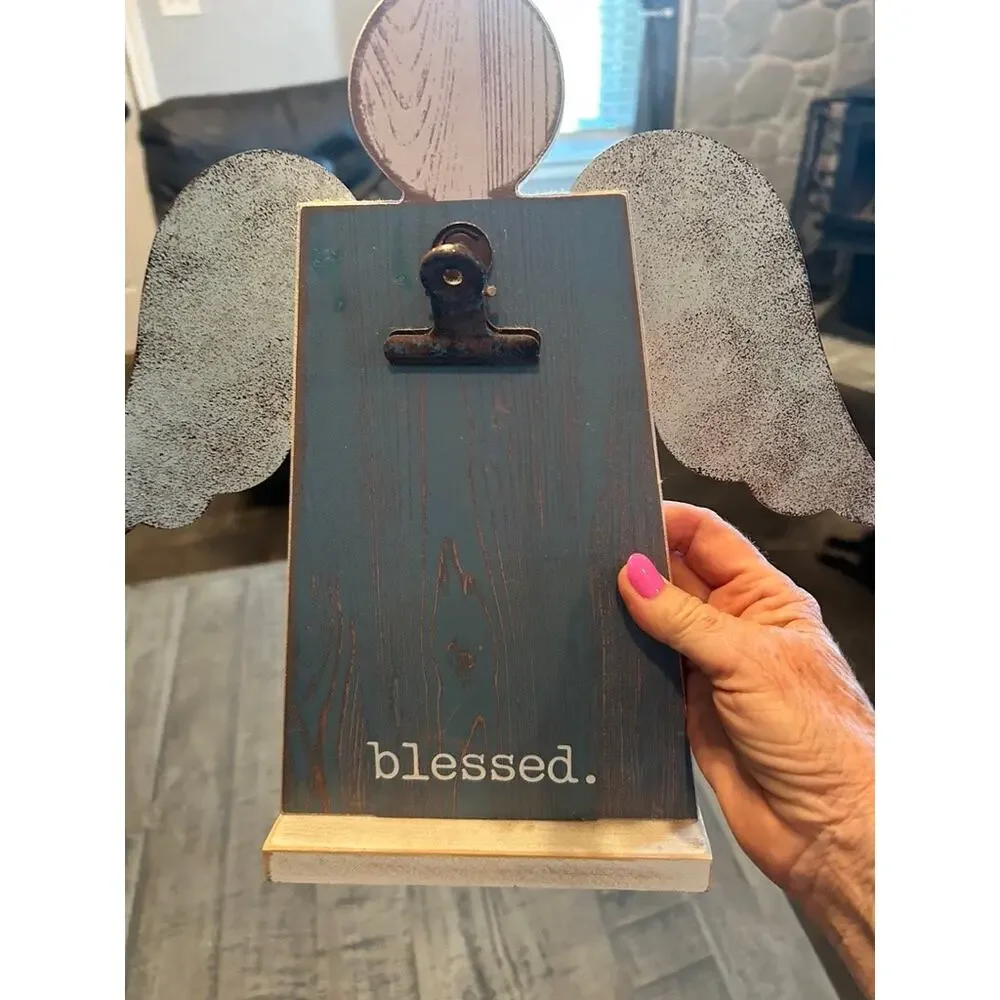 Rustic Wooden Angel Photo Holder Clipboard Blessed Farmhouse Wall Decor Blue